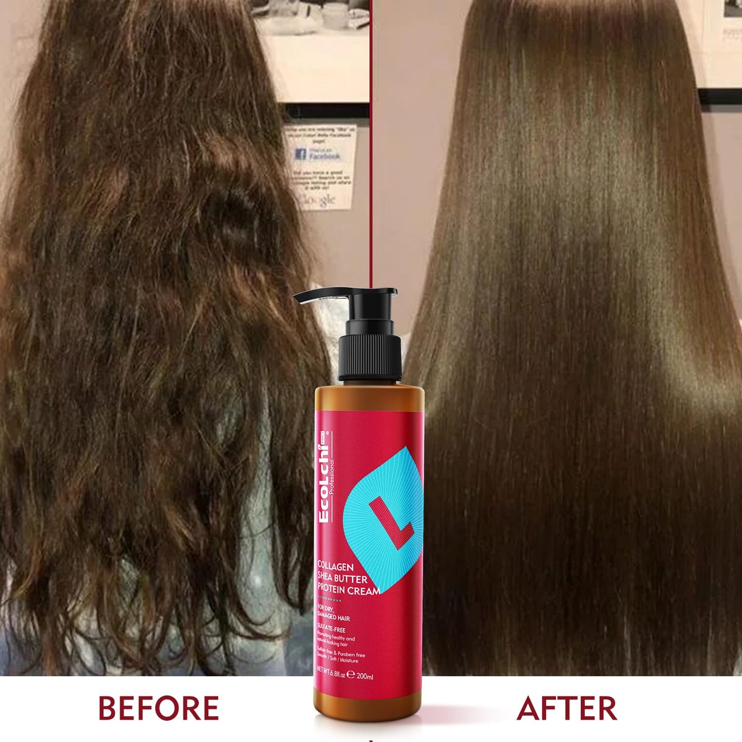 Ecolchi Collagen Leave-In Conditioner Cream Deep Restores Shea Butter Protein Cream Hair Treatment Smooth Glossy for Dry and Damaged All Hair Types 200ml 6.8 fl.oz