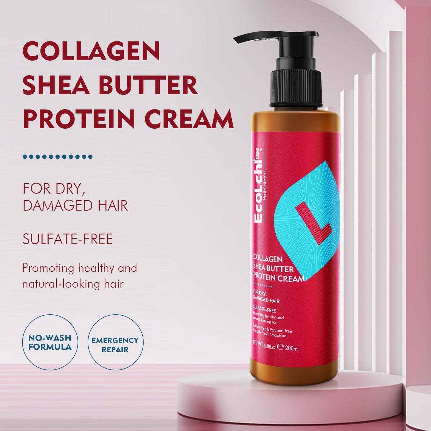 Ecolchi Collagen Leave-In Conditioner Cream Deep Restores Shea Butter Protein Cream Hair Treatment Smooth Glossy for Dry and Damaged All Hair Types 200ml 6.8 fl.oz