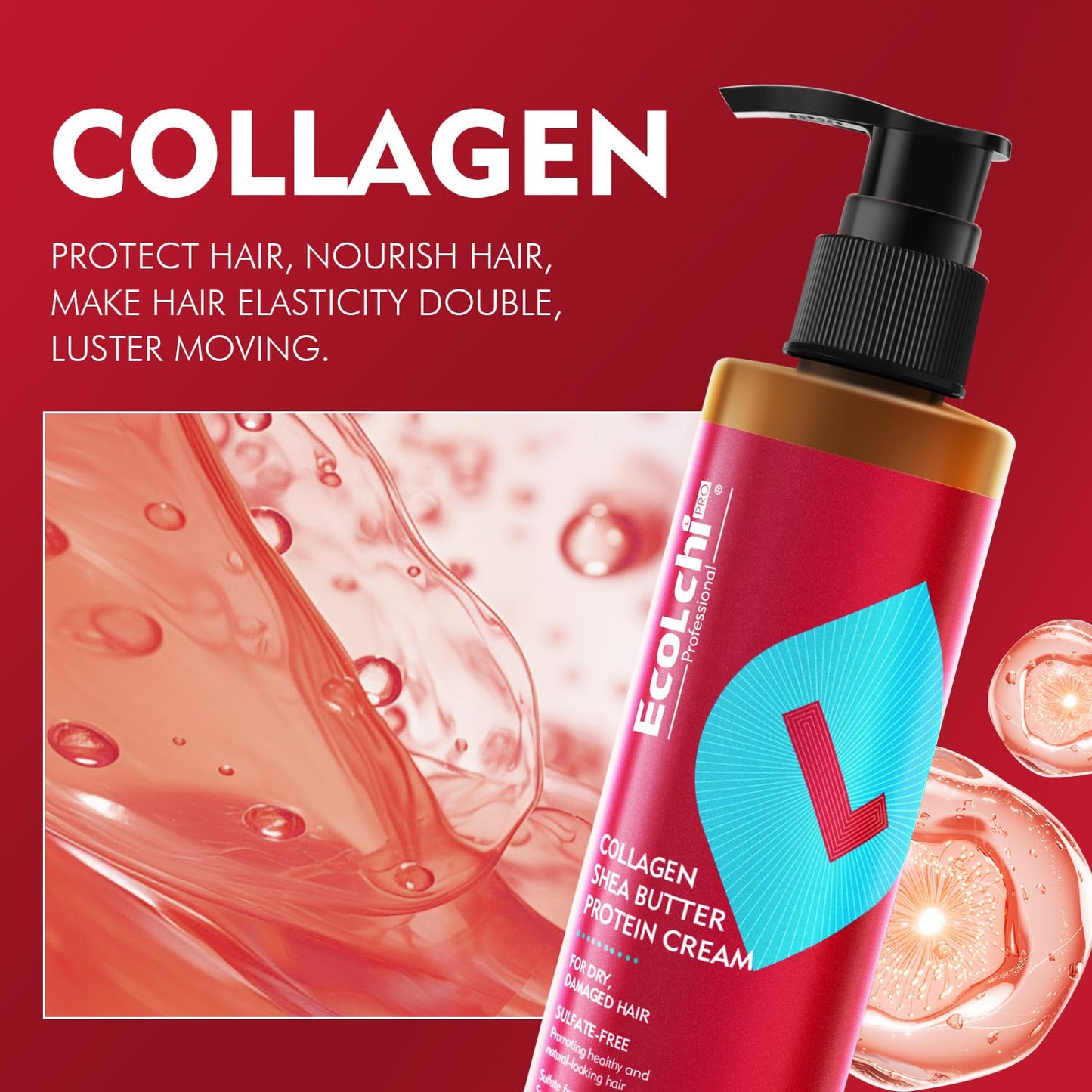 Ecolchi Collagen Leave-In Conditioner Cream Deep Restores Shea Butter Protein Cream Hair Treatment Smooth Glossy for Dry and Damaged All Hair Types 200ml 6.8 fl.oz