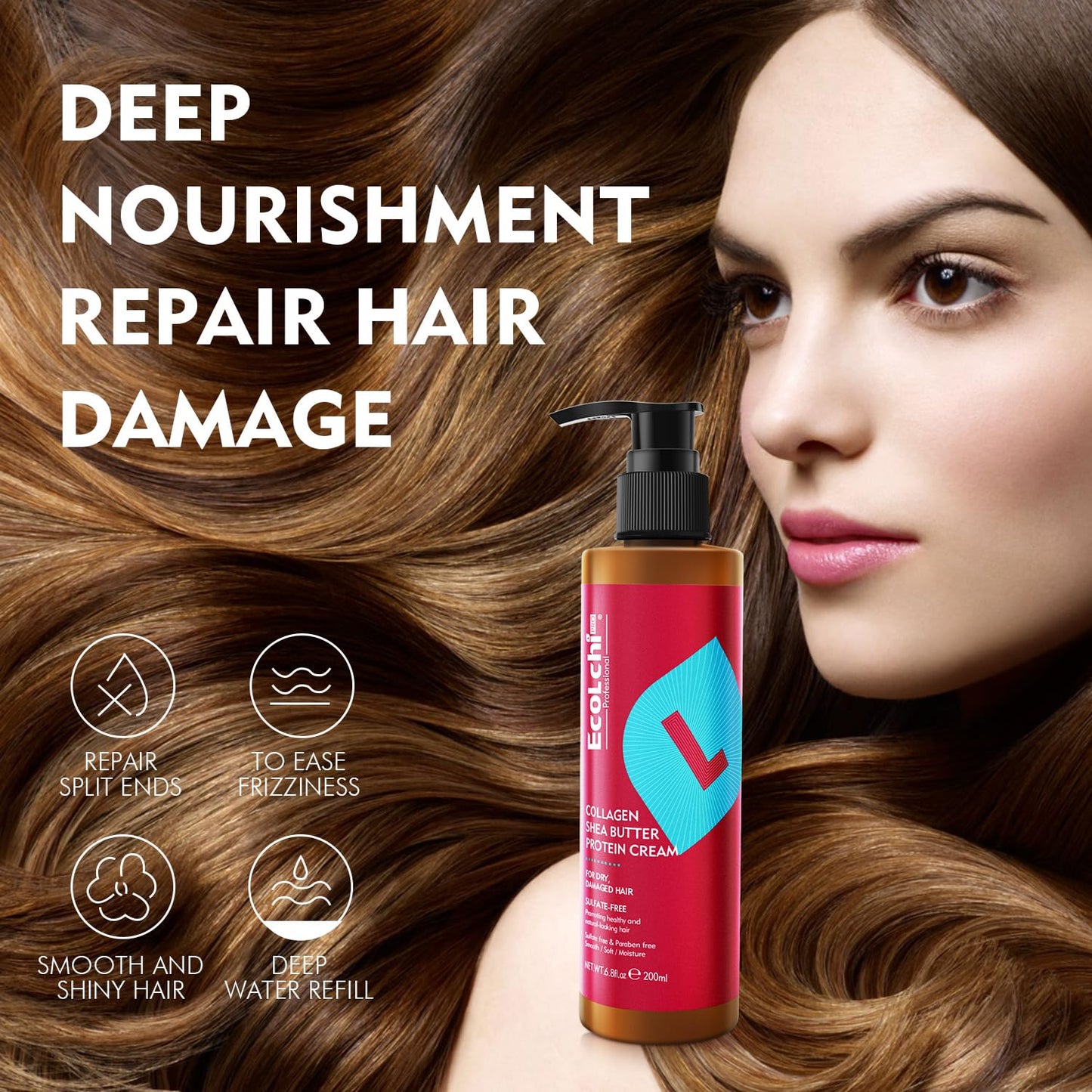 Ecolchi Collagen Leave-In Conditioner Cream Deep Restores Shea Butter Protein Cream Hair Treatment Smooth Glossy for Dry and Damaged All Hair Types 200ml 6.8 fl.oz