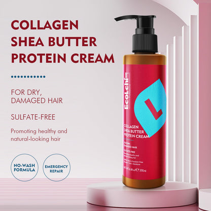 Ecolchi Collagen Leave-In Conditioner Cream Deep Restores Shea Butter Protein Cream Hair Treatment Smooth Glossy for Dry and Damaged All Hair Types 200ml 6.8 fl.oz