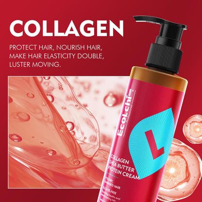 Ecolchi Collagen Leave-In Conditioner Cream Deep Restores Shea Butter Protein Cream Hair Treatment Smooth Glossy for Dry and Damaged All Hair Types 200ml 6.8 fl.oz